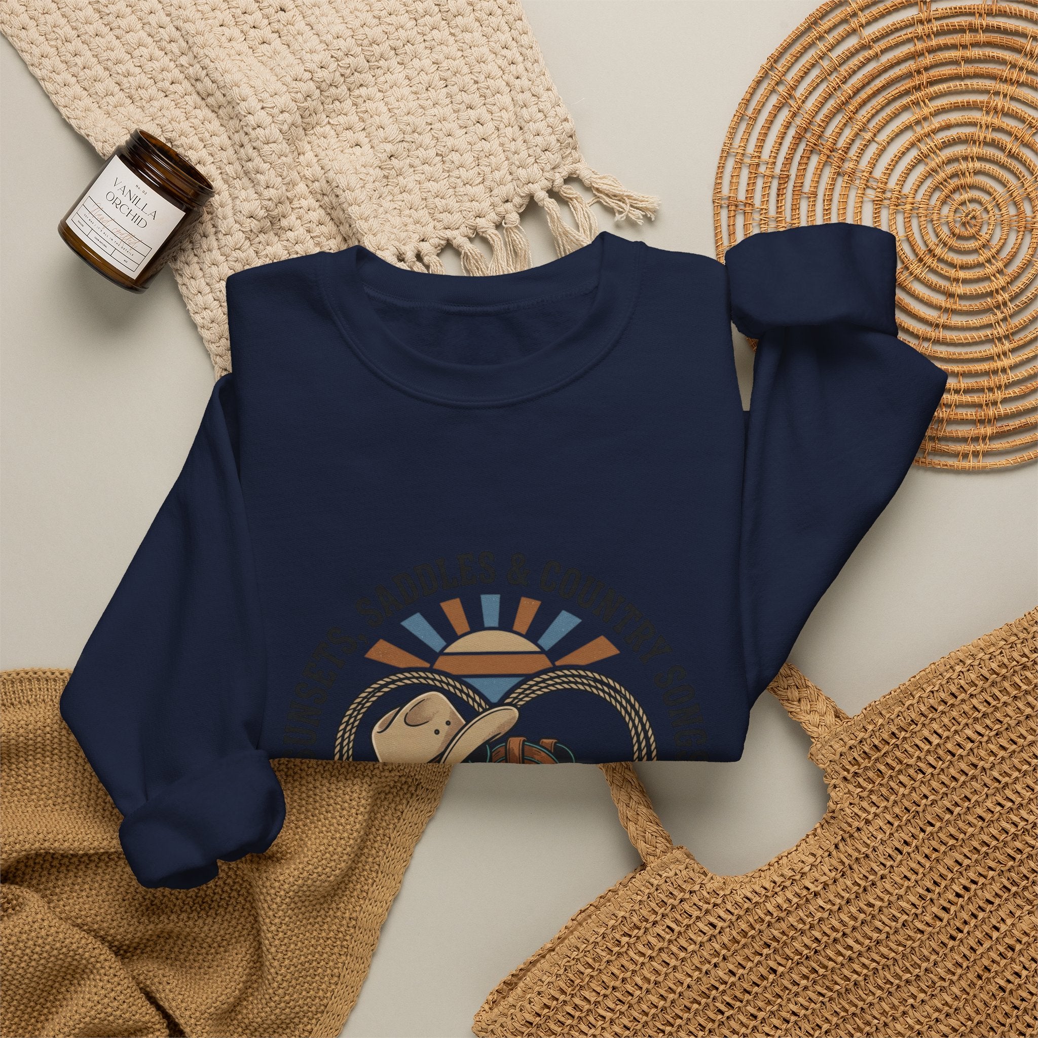 Sunsets Saddles & Country Songs Crewneck Sweatshirt | western, rustic