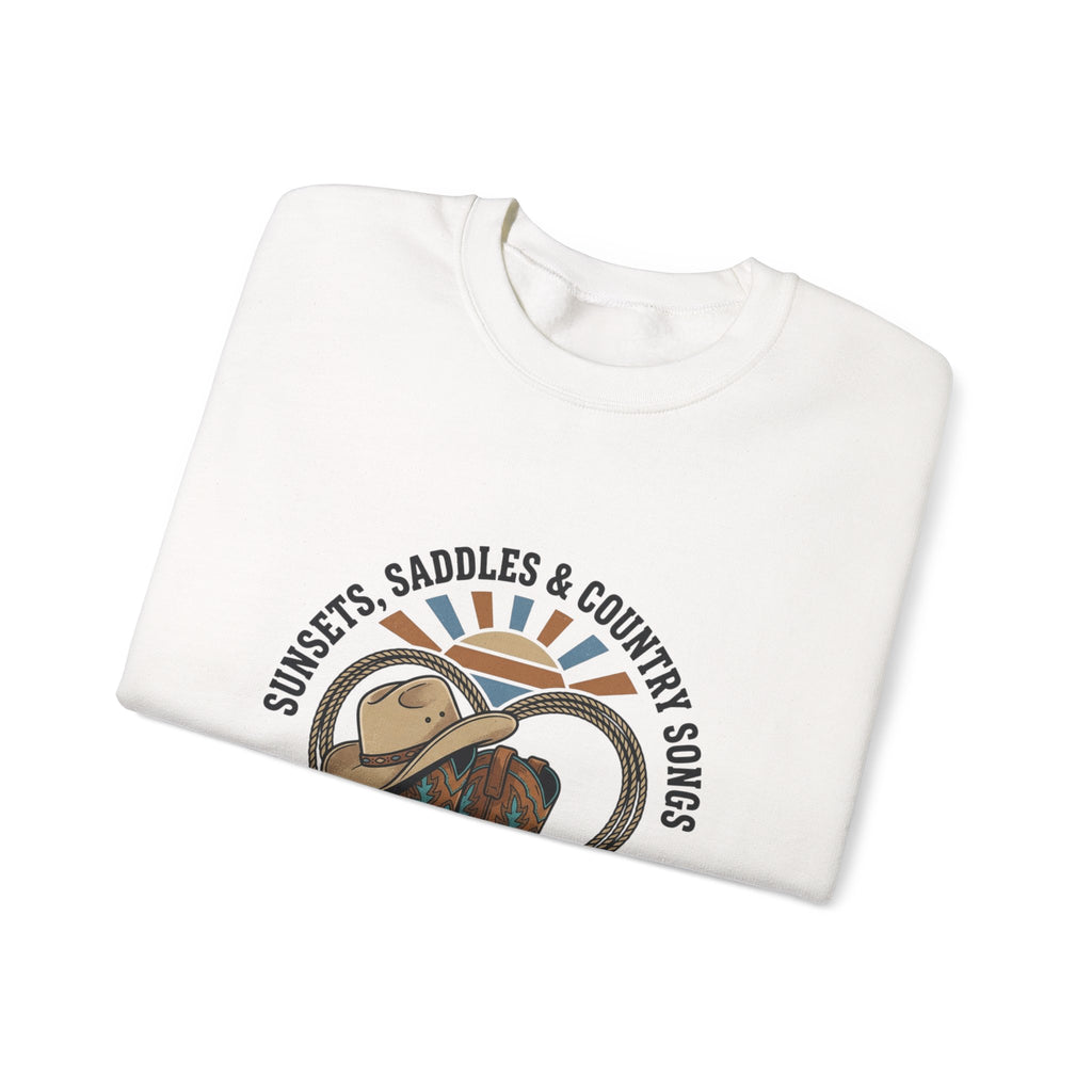 Sunsets Saddles & Country Songs Crewneck Sweatshirt | western, rustic