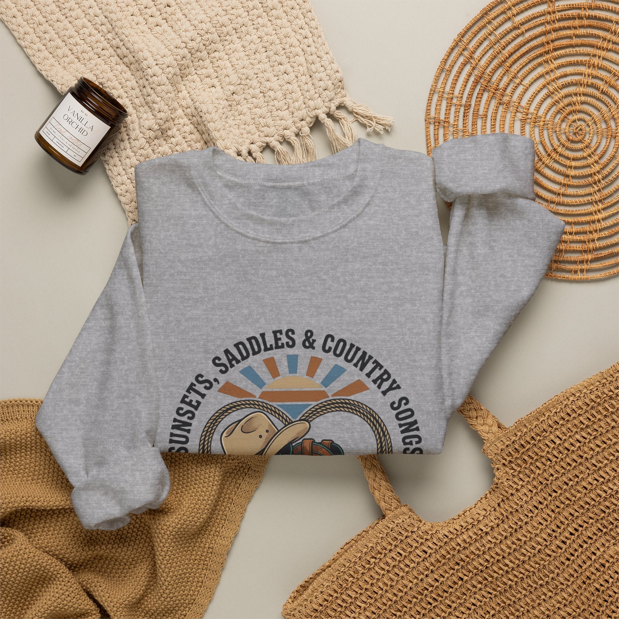 Sunsets Saddles & Country Songs Crewneck Sweatshirt | western, rustic