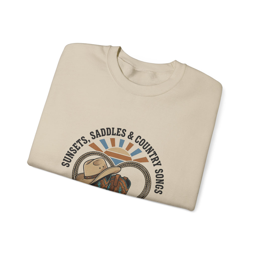 Sunsets Saddles & Country Songs Crewneck Sweatshirt | western, rustic