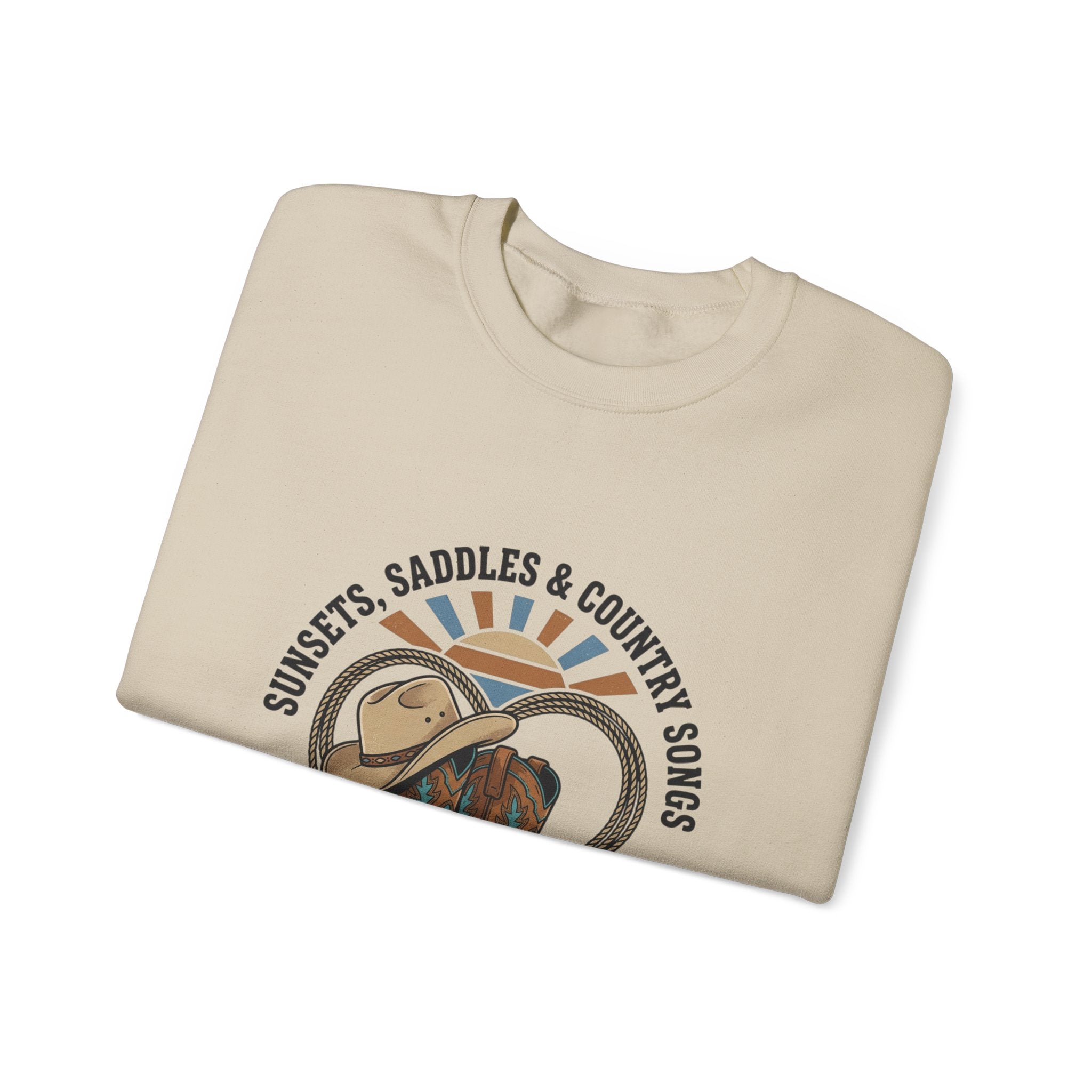 Sunsets Saddles & Country Songs Crewneck Sweatshirt | western, rustic