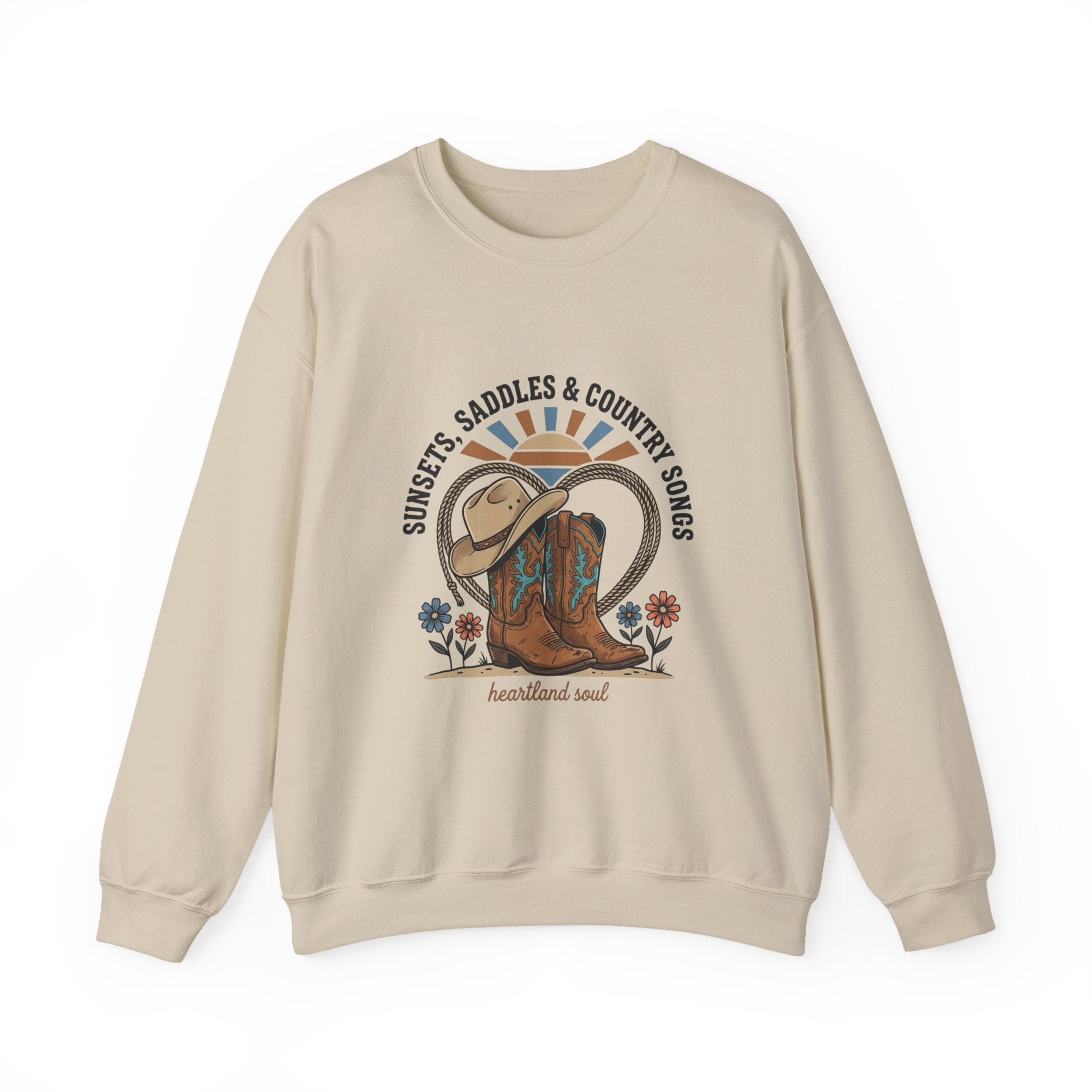 Sunsets Saddles & Country Songs Crewneck Sweatshirt | western, rustic