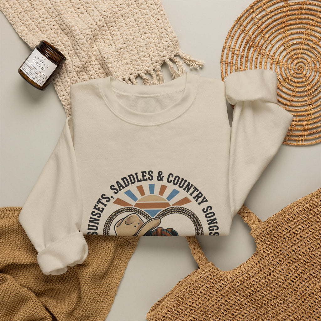 Sunsets Saddles & Country Songs Crewneck Sweatshirt | western, rustic