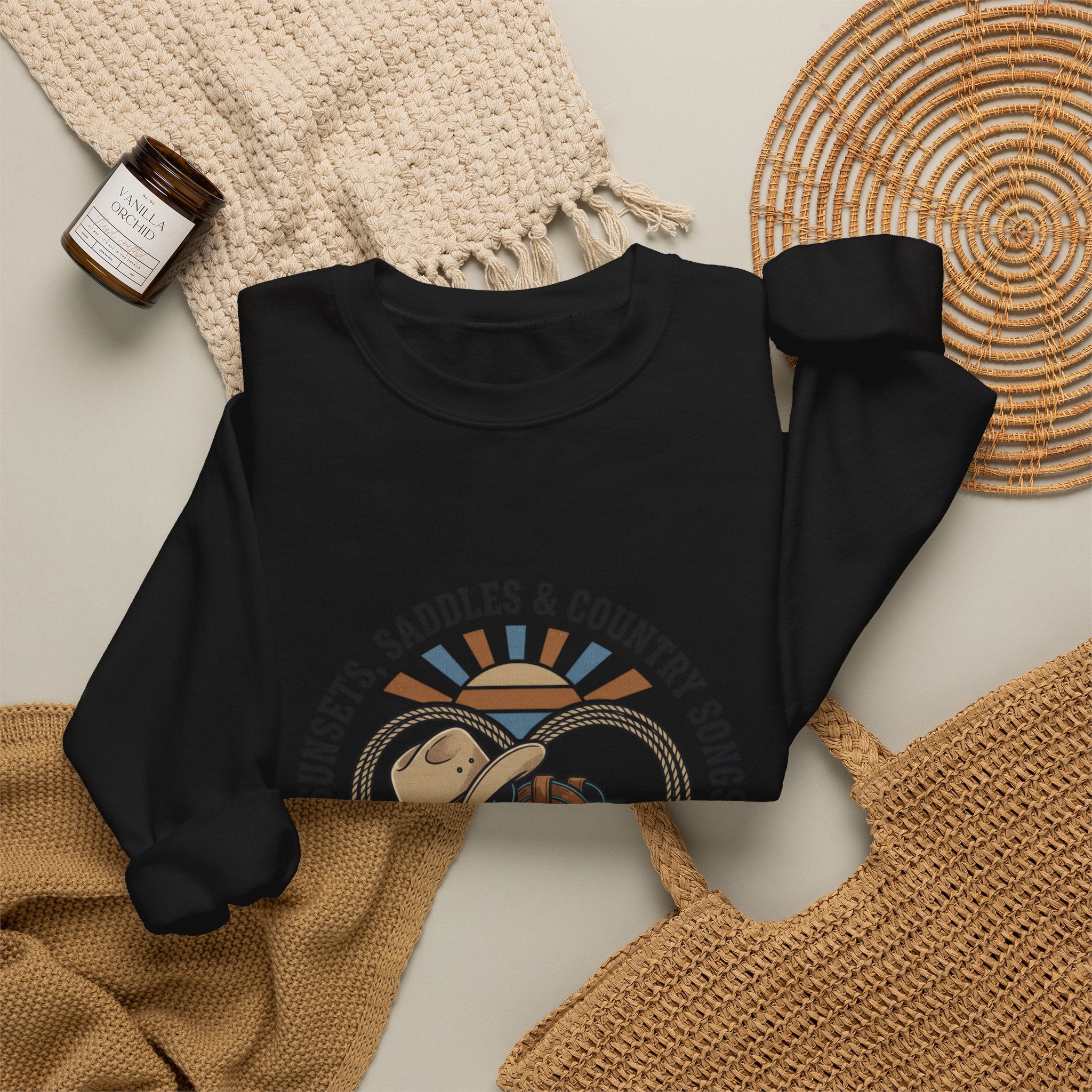 Sunsets Saddles & Country Songs Crewneck Sweatshirt | western, rustic