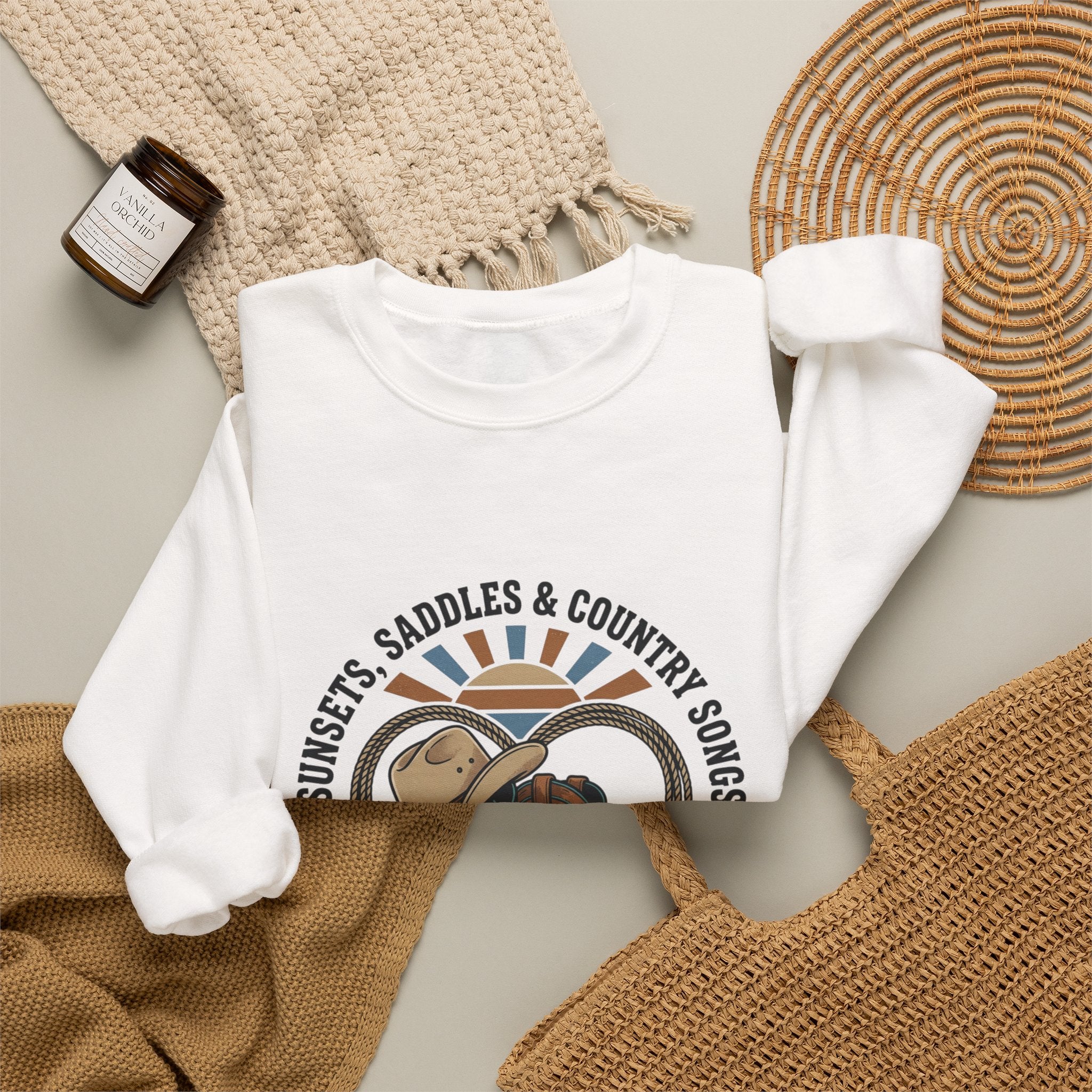Sunsets Saddles & Country Songs Crewneck Sweatshirt | western, rustic