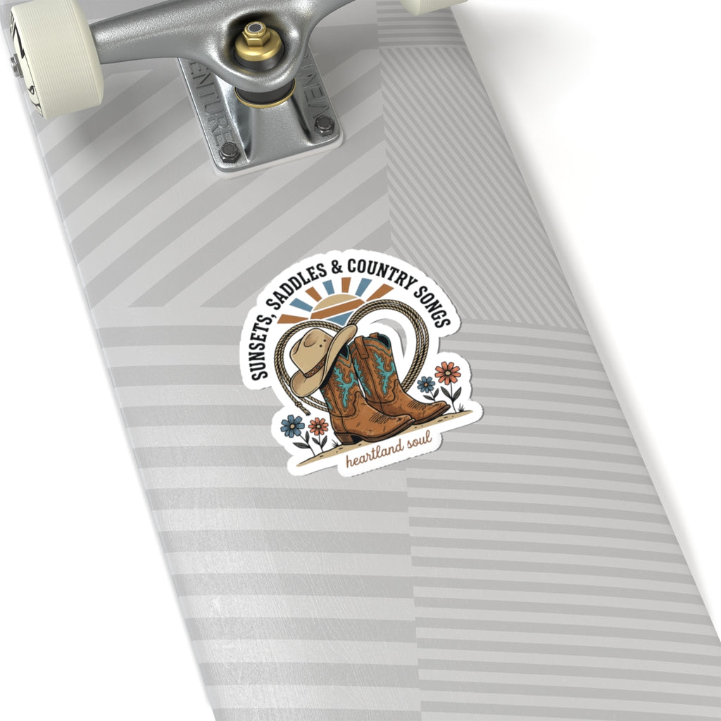 Sunsets Saddles & Country Songs Kiss-Cut Sticker | western cowgirl ranch sticker