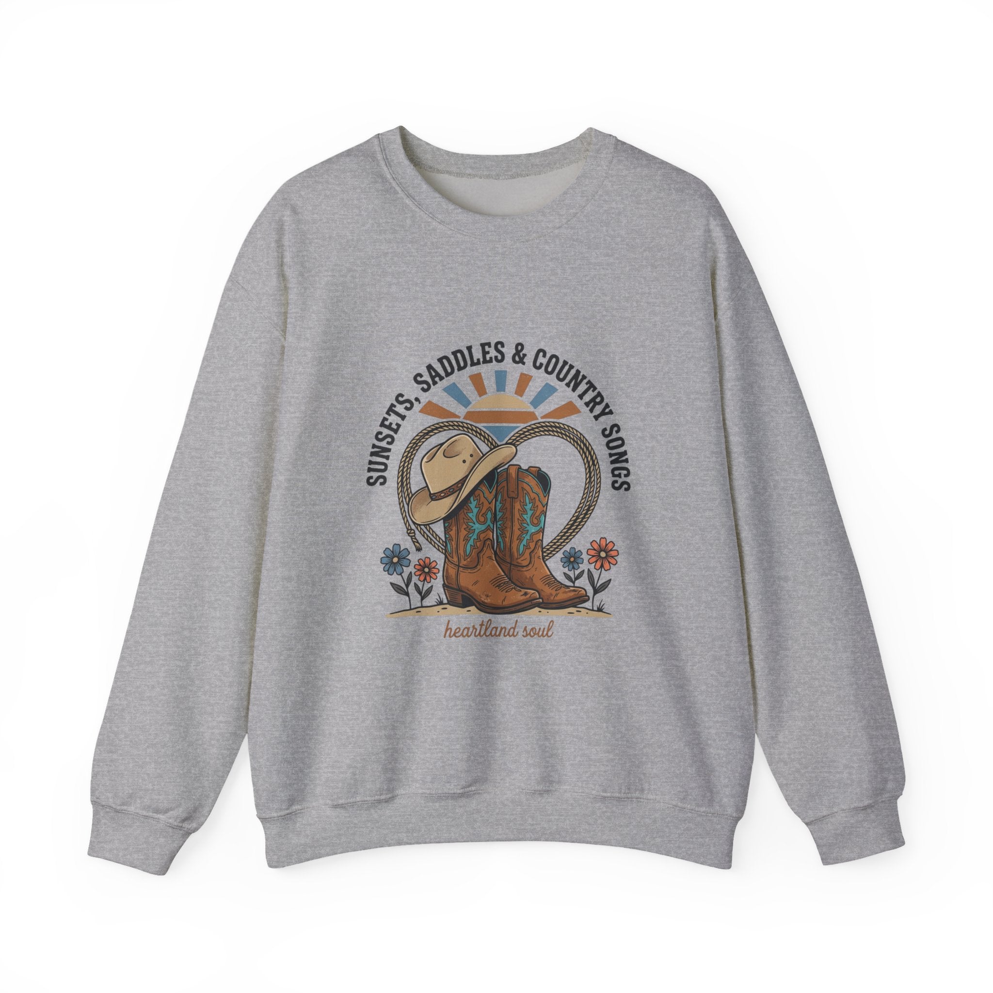 Sunsets Saddles & Country Songs Crewneck Sweatshirt | western, rustic