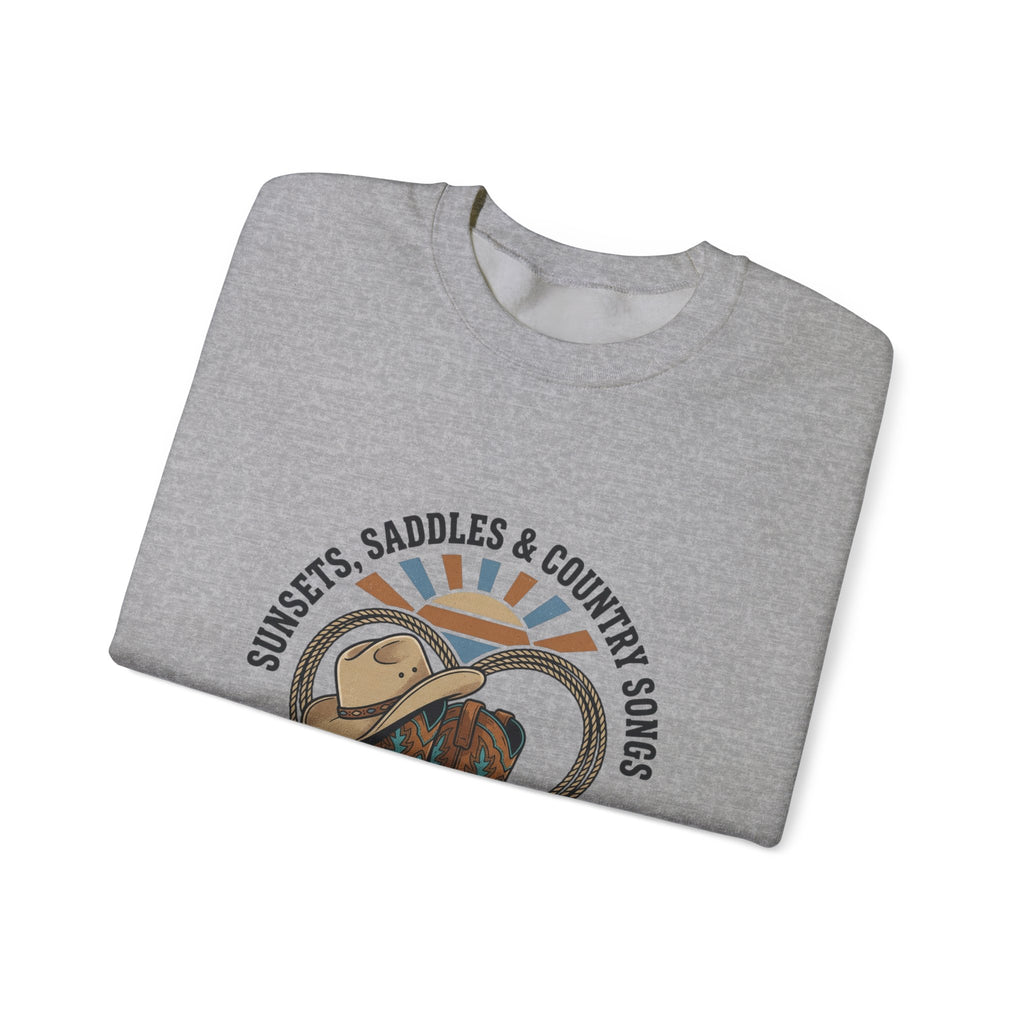 Sunsets Saddles & Country Songs Crewneck Sweatshirt | western, rustic