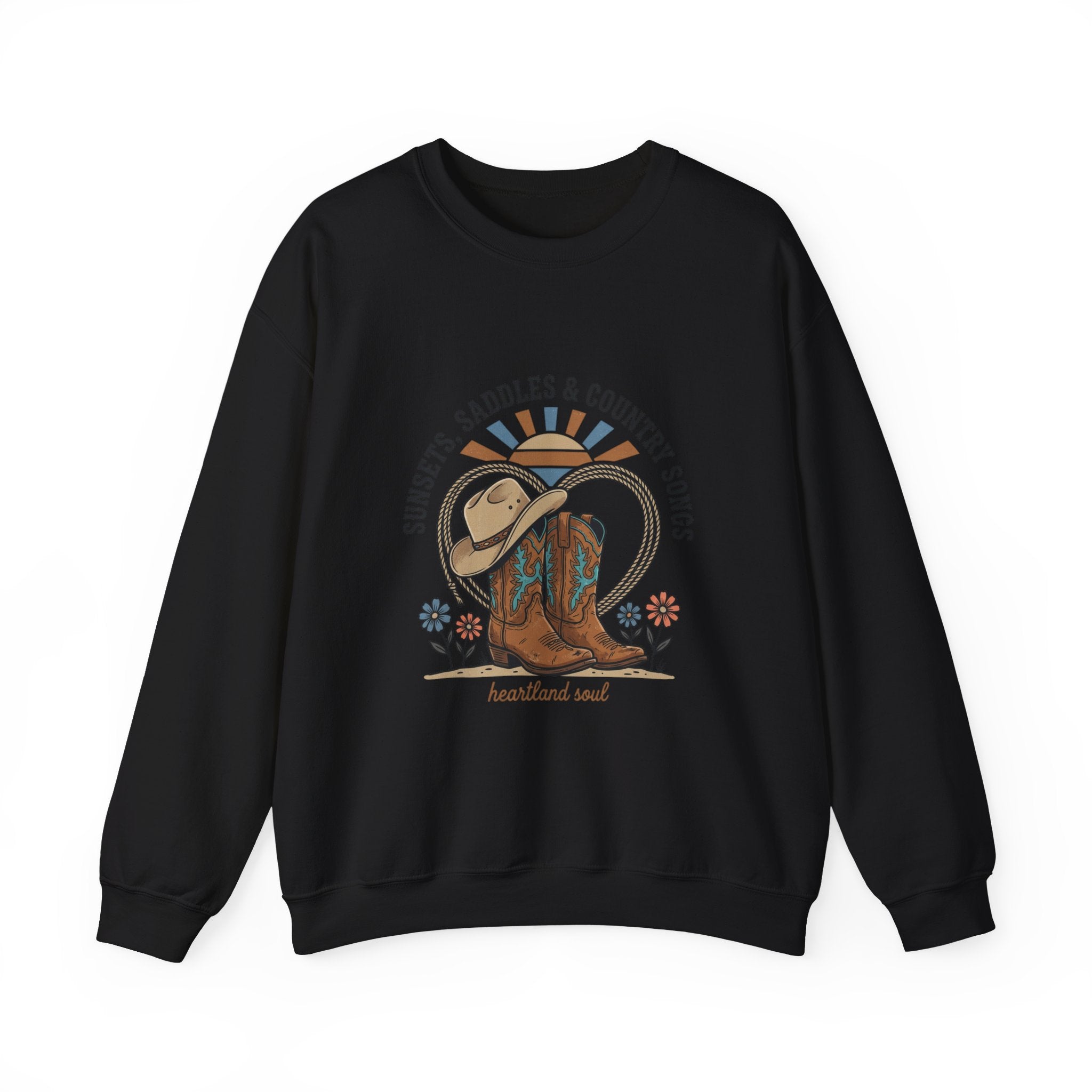 Sunsets Saddles & Country Songs Crewneck Sweatshirt | western, rustic