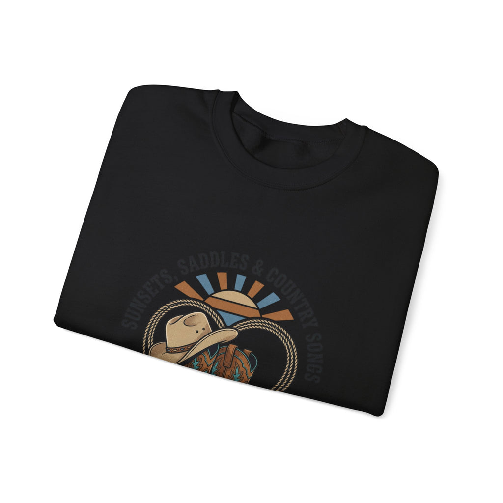 Sunsets Saddles & Country Songs Crewneck Sweatshirt | western, rustic