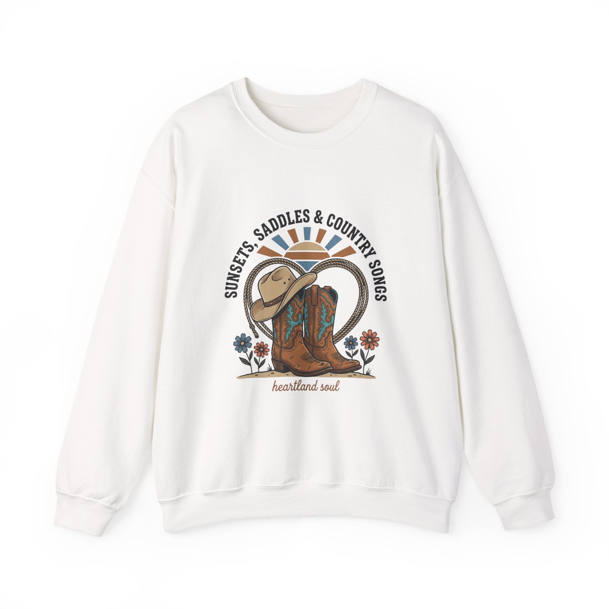 Sunsets Saddles & Country Songs Crewneck Sweatshirt | western, rustic