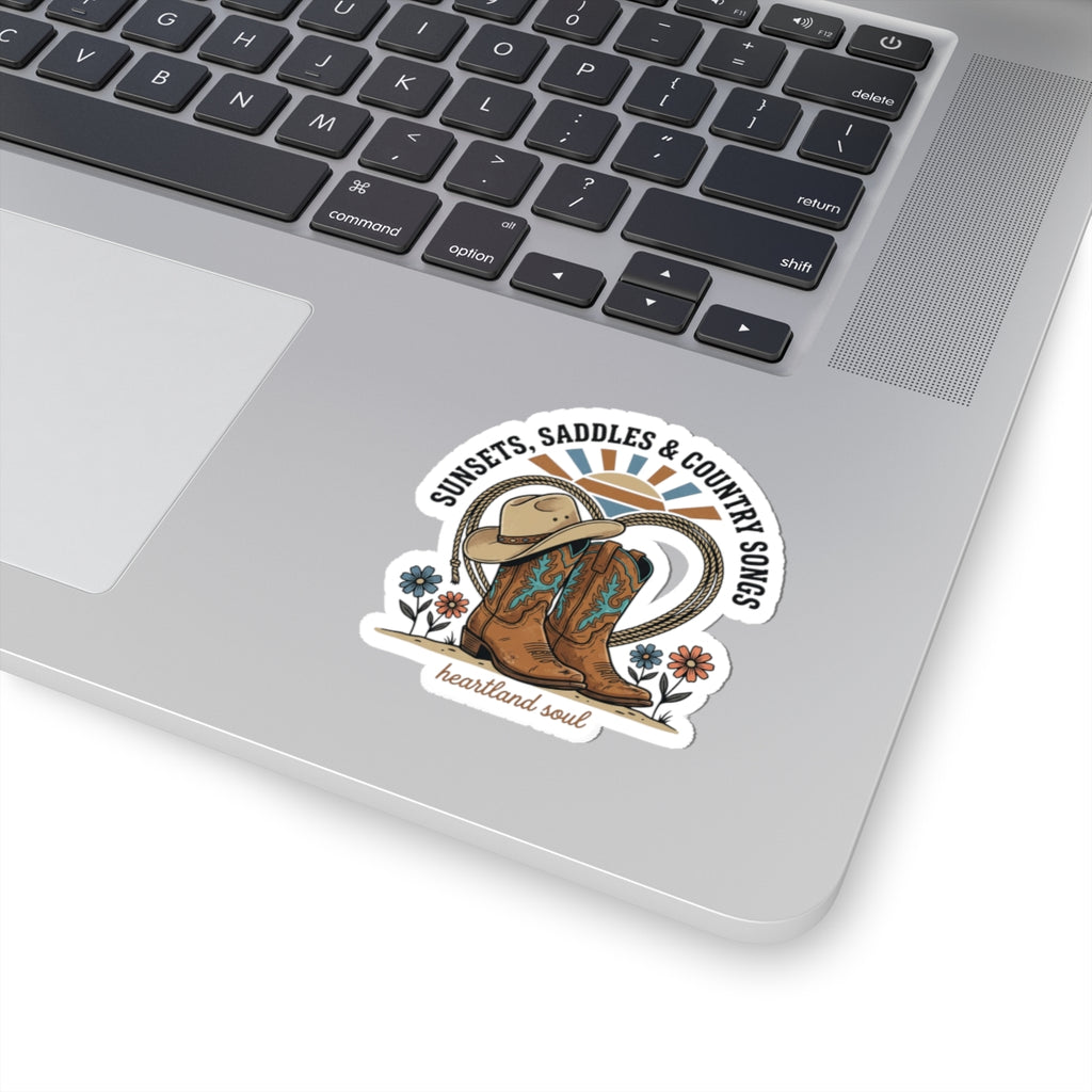 Sunsets Saddles & Country Songs Kiss-Cut Sticker | western cowgirl ranch sticker