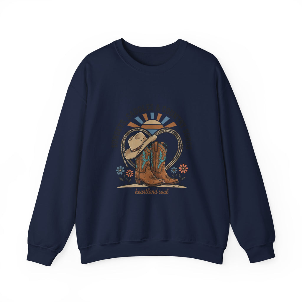 Sunsets Saddles & Country Songs Crewneck Sweatshirt | western, rustic