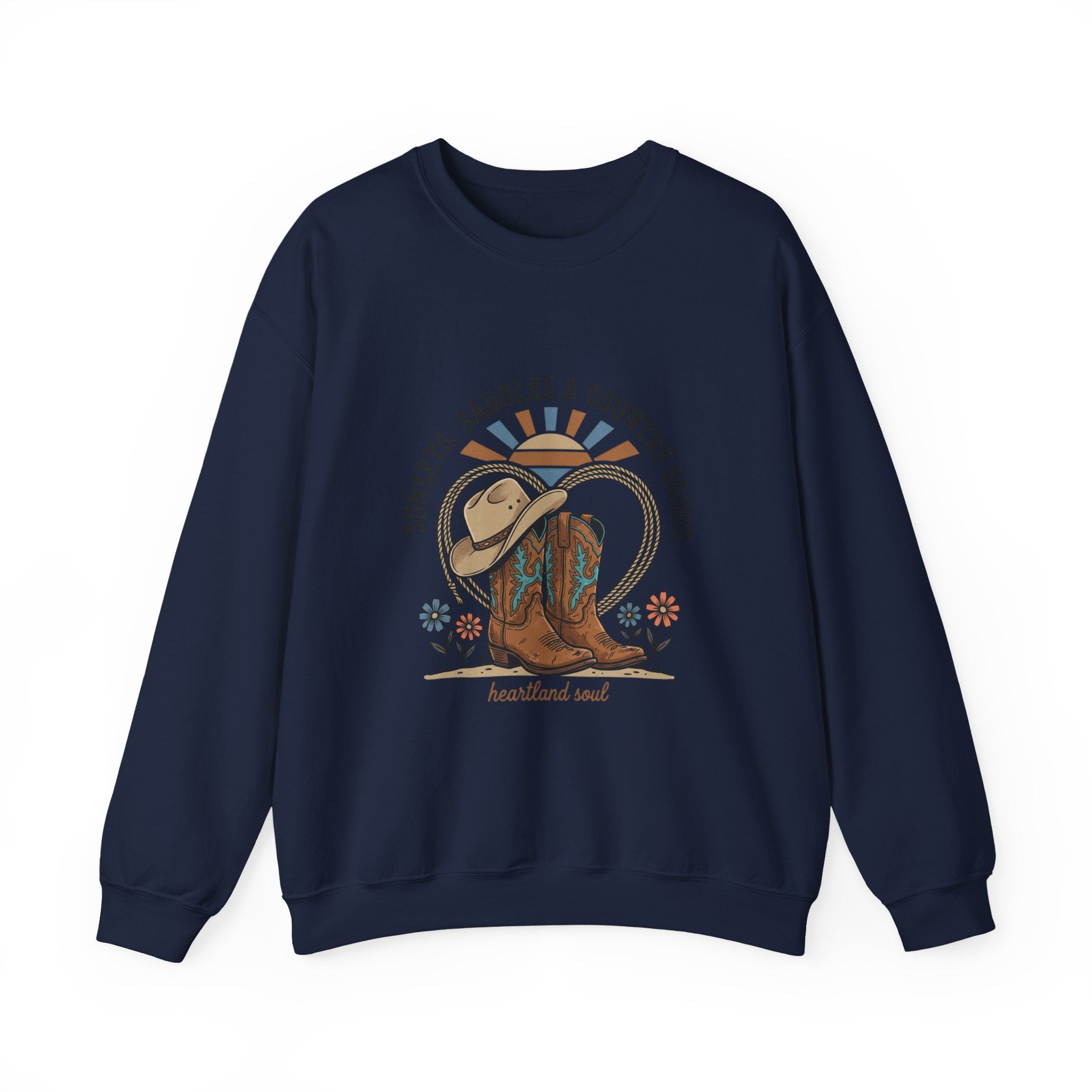 Sunsets Saddles & Country Songs Crewneck Sweatshirt | western, rustic